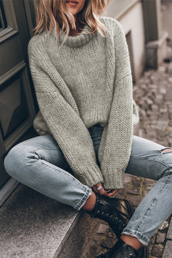 Light Grey Turtle Neck Drop Shoulder Chunky Knit Sweater