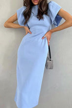 Load image into Gallery viewer, Elegant Blue Flounce Slit Back Midi Dress
