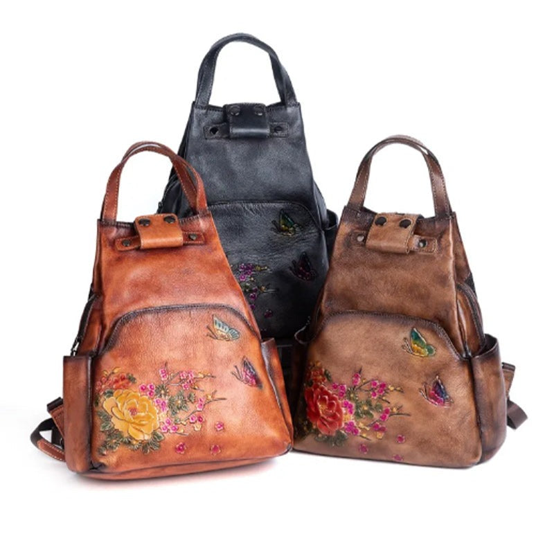 Floral Butterfly Embossed Leather Handbag  Women Backpack