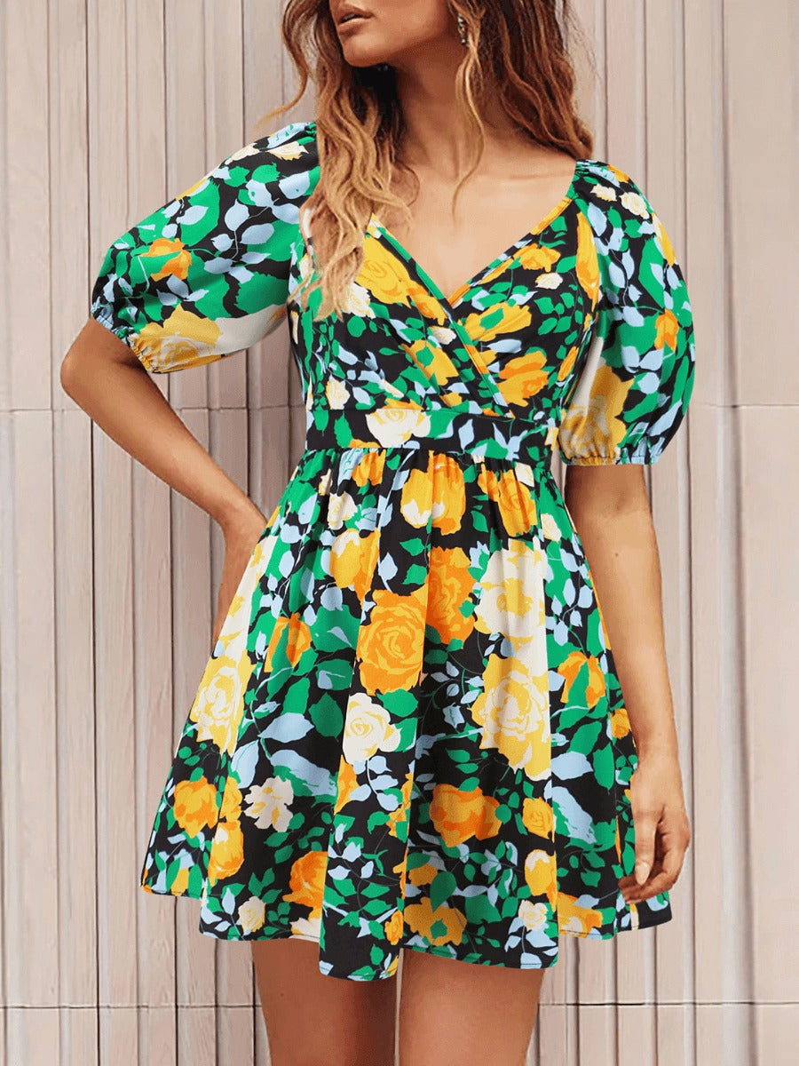 Floral Puff Sleeve Hollow Out Waist Mini Dress