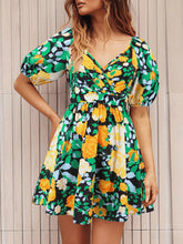 Load image into Gallery viewer, Floral Puff Sleeve Hollow Out Waist Mini Dress
