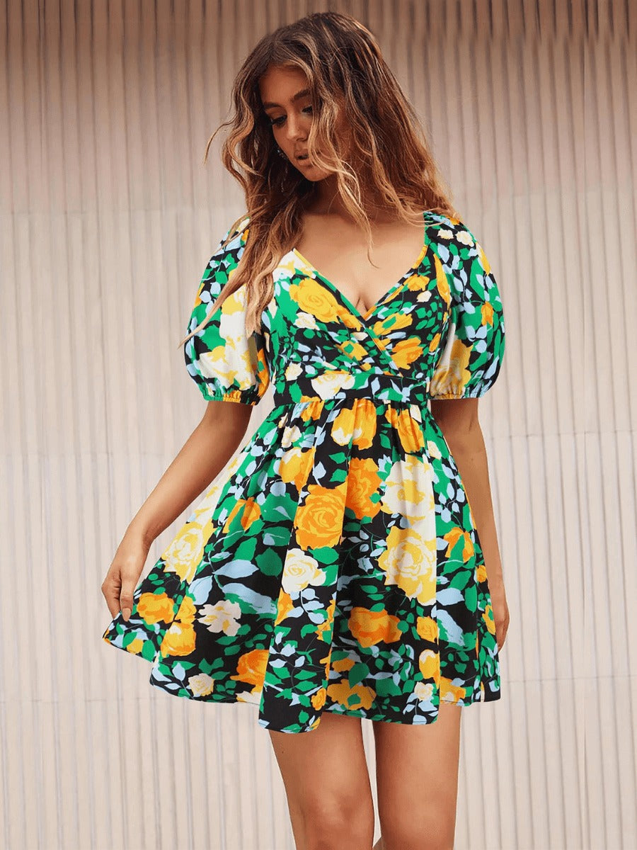 Floral Puff Sleeve Hollow Out Waist Mini Dress