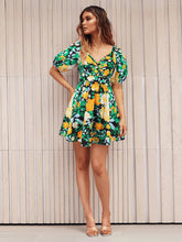 Load image into Gallery viewer, Floral Puff Sleeve Hollow Out Waist Mini Dress
