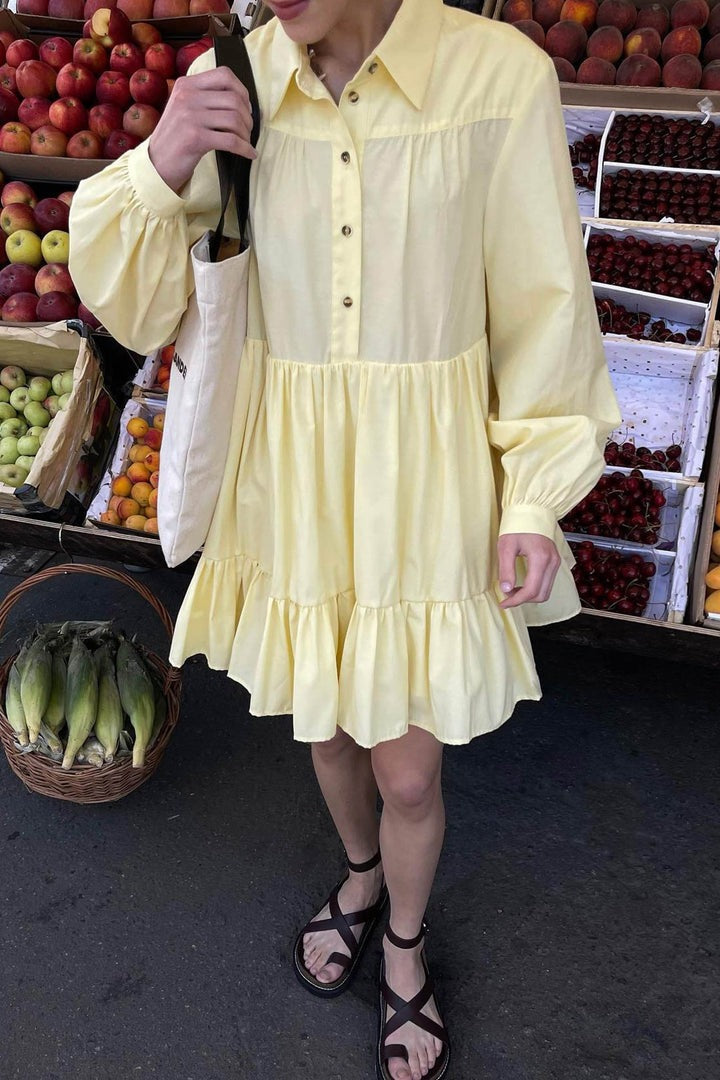 Vintage Long Sleeve Tiered Mini Shirt Dress