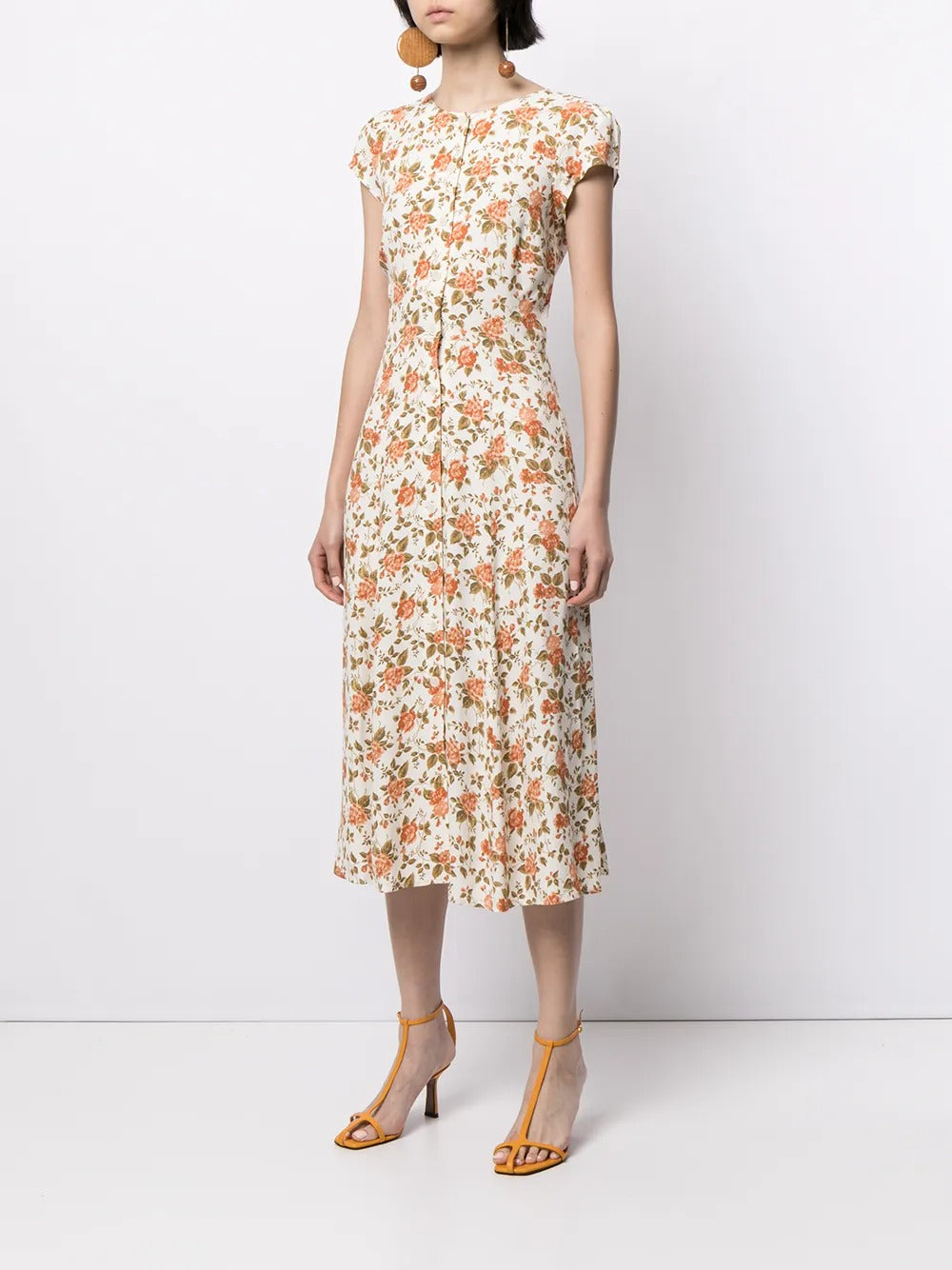 Yellow Floral Print Buttons Down Midi Dress