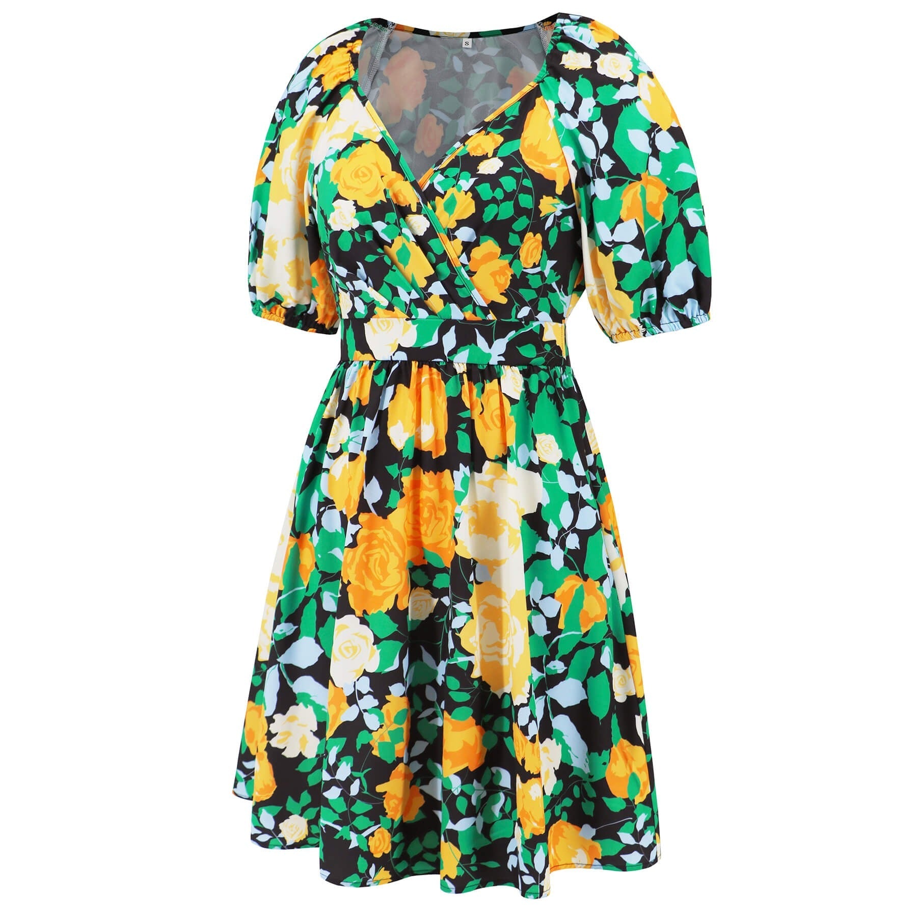 Floral Puff Sleeve Hollow Out Waist Mini Dress