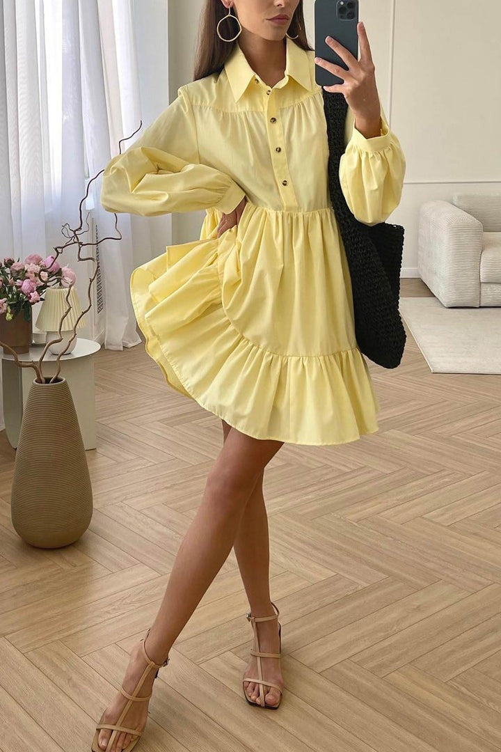 Vintage Long Sleeve Tiered Mini Shirt Dress