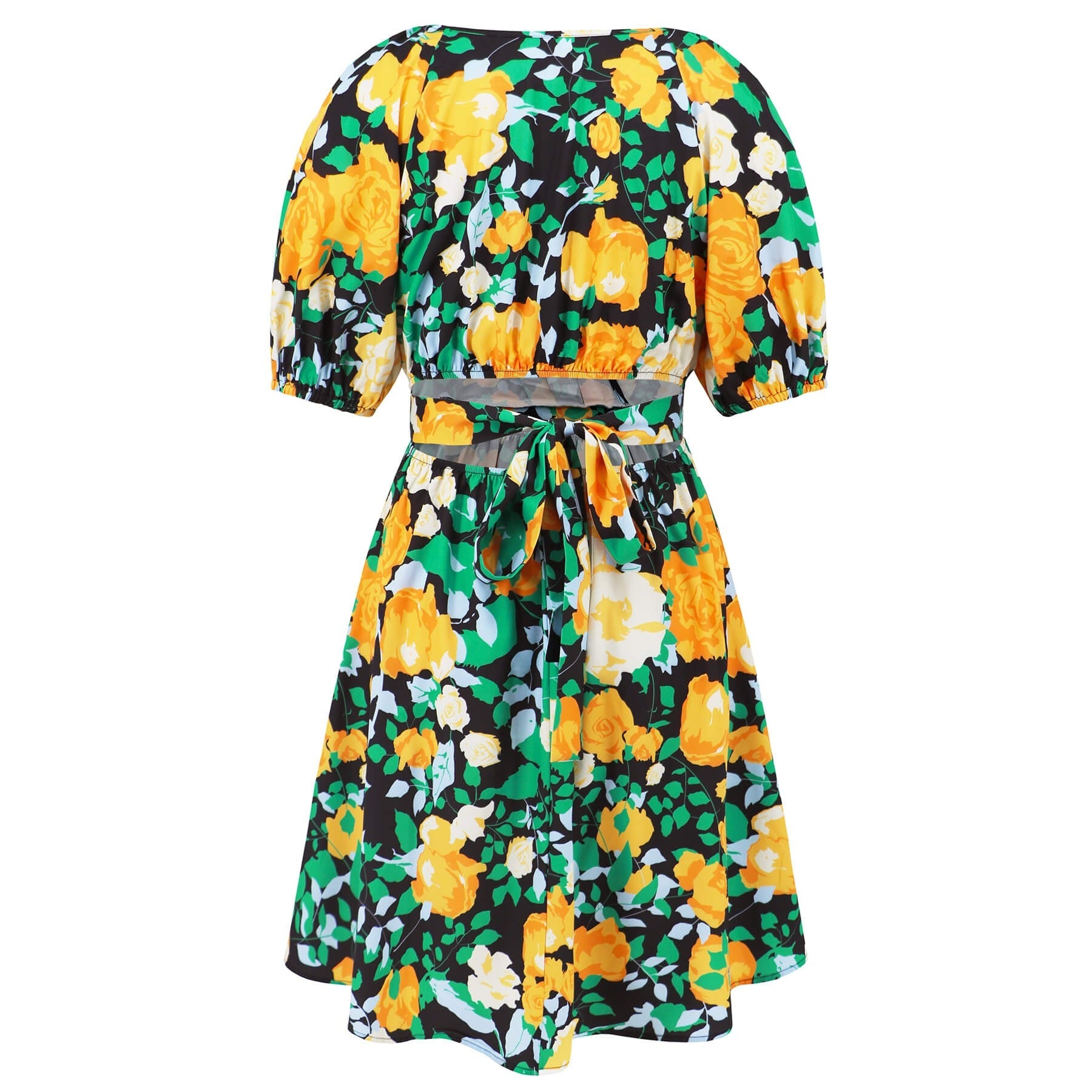 Floral Puff Sleeve Hollow Out Waist Mini Dress