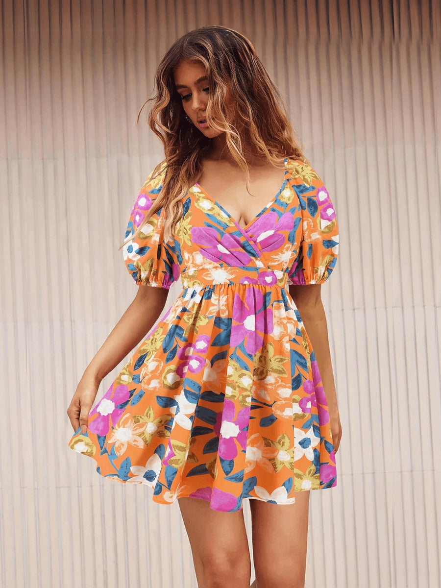 Floral Puff Sleeve Hollow Out Waist Mini Dress
