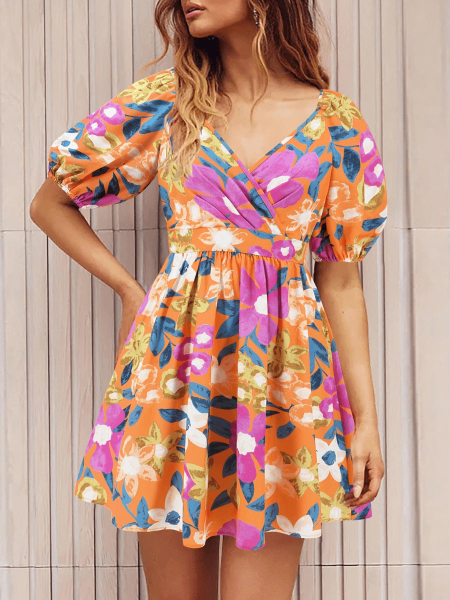 Floral Puff Sleeve Hollow Out Waist Mini Dress