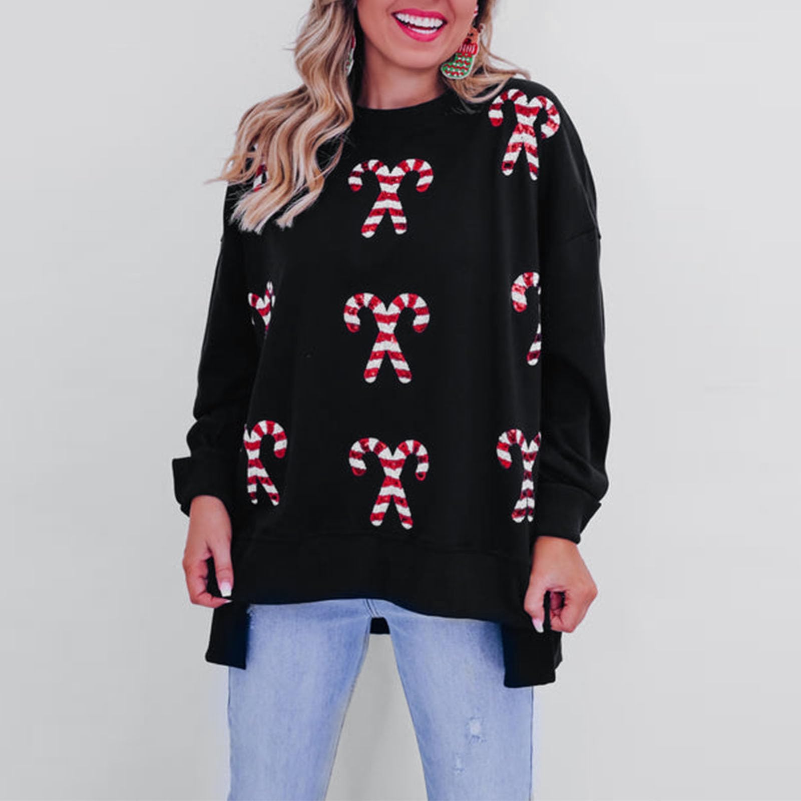 Candy Cane Sequin Crew Christmas Sweatshirt