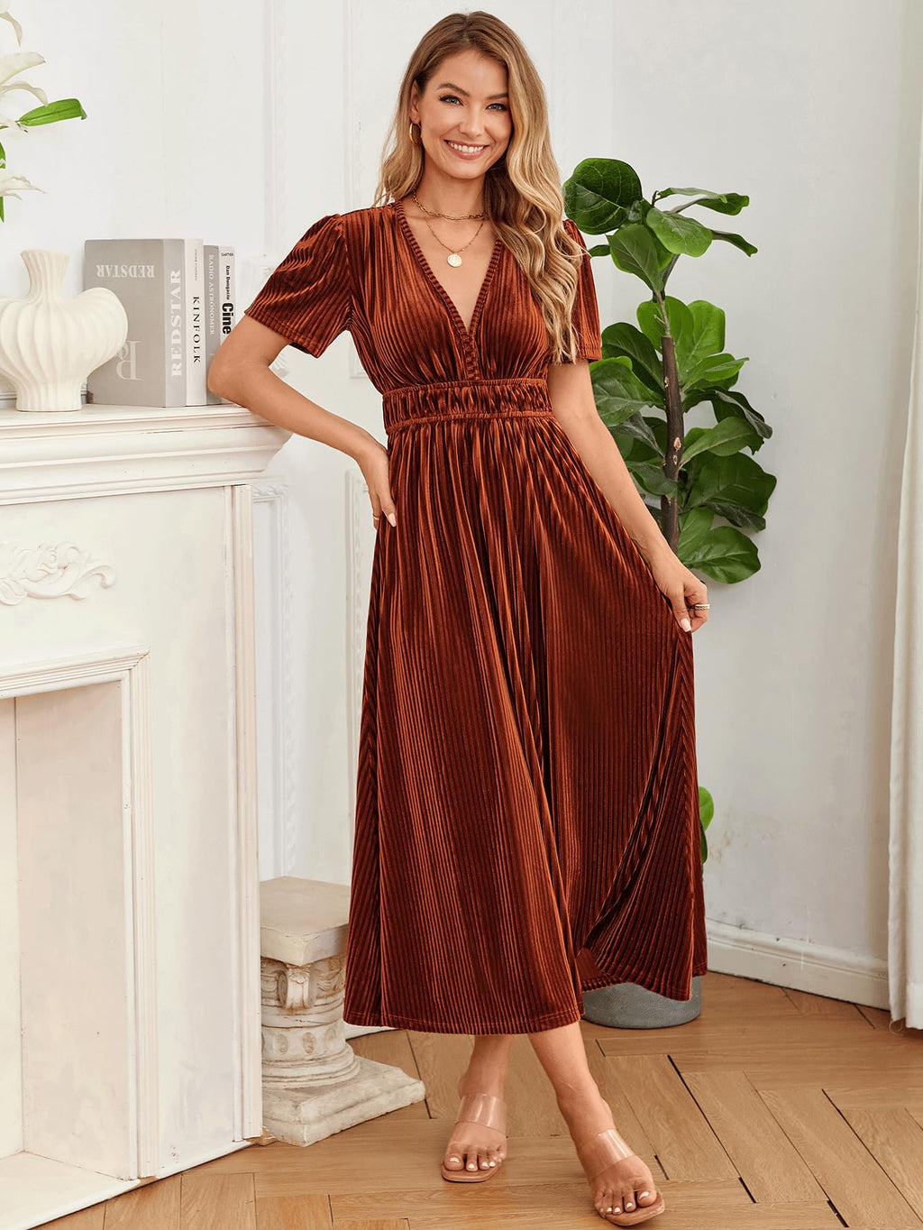 Elegant V-Neck Velvet Maxi Dress Wedding Guest Formal Party Long Dress