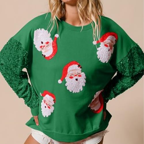 Cute Santa Christmas Sweatshirt Sequin Long Sleeve Top