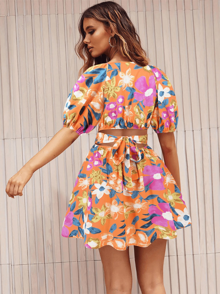 Floral Puff Sleeve Hollow Out Waist Mini Dress