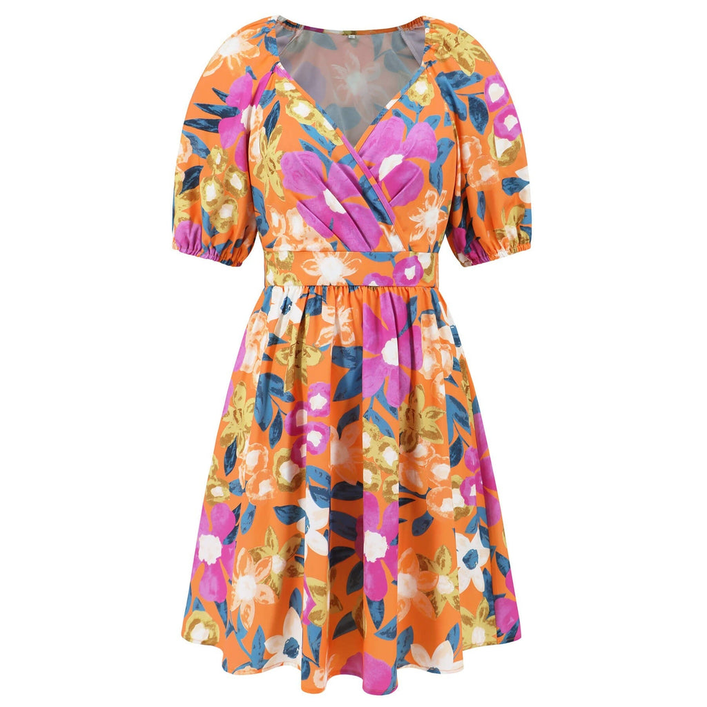 Floral Puff Sleeve Hollow Out Waist Mini Dress