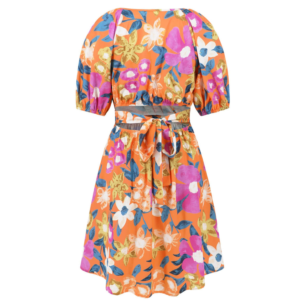 Floral Puff Sleeve Hollow Out Waist Mini Dress