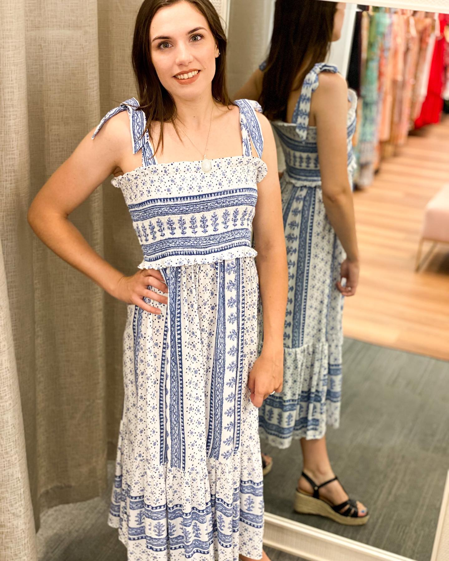 Blue Straps Printed Smocked Midi Dress