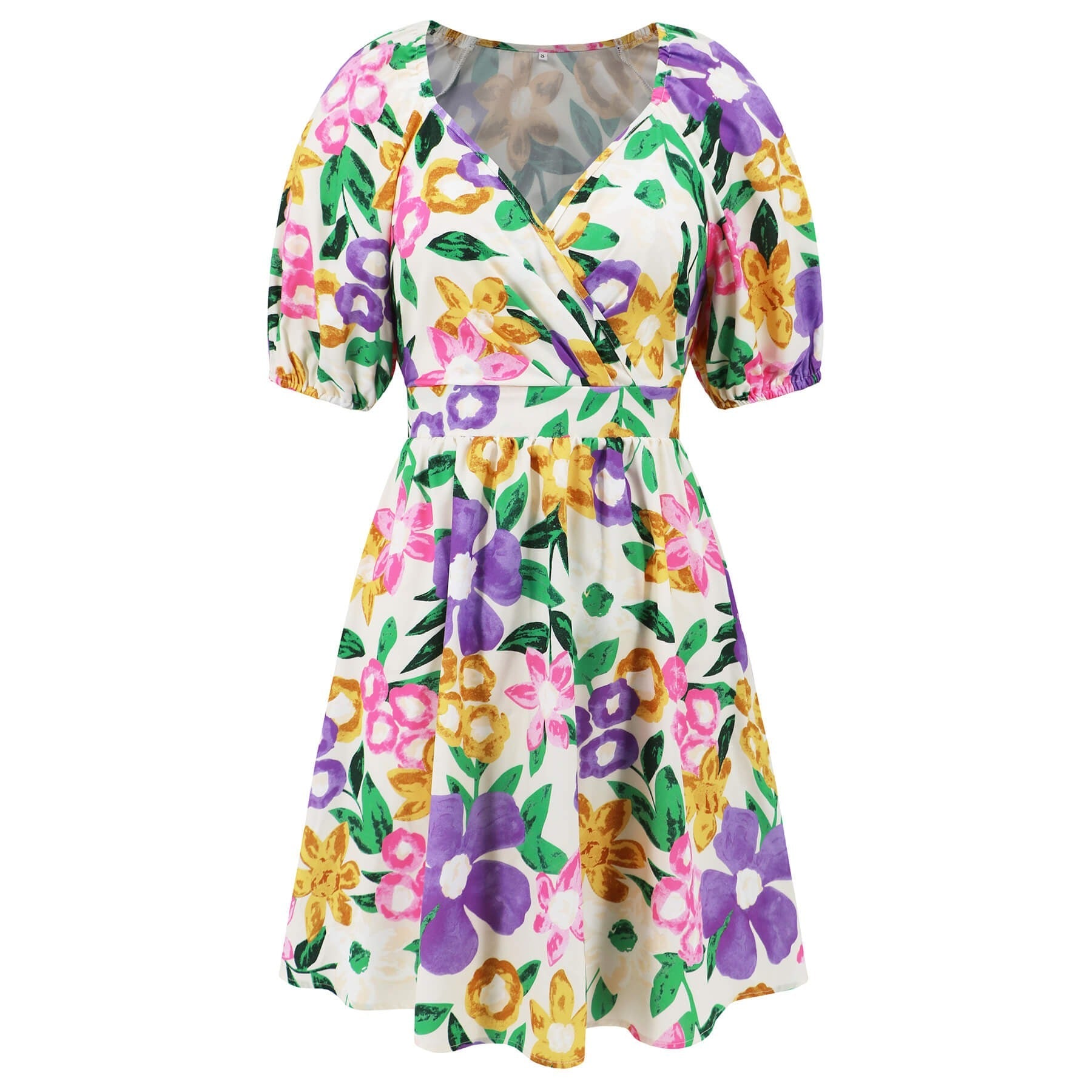 Floral Puff Sleeve Hollow Out Waist Mini Dress