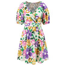 Load image into Gallery viewer, Floral Puff Sleeve Hollow Out Waist Mini Dress
