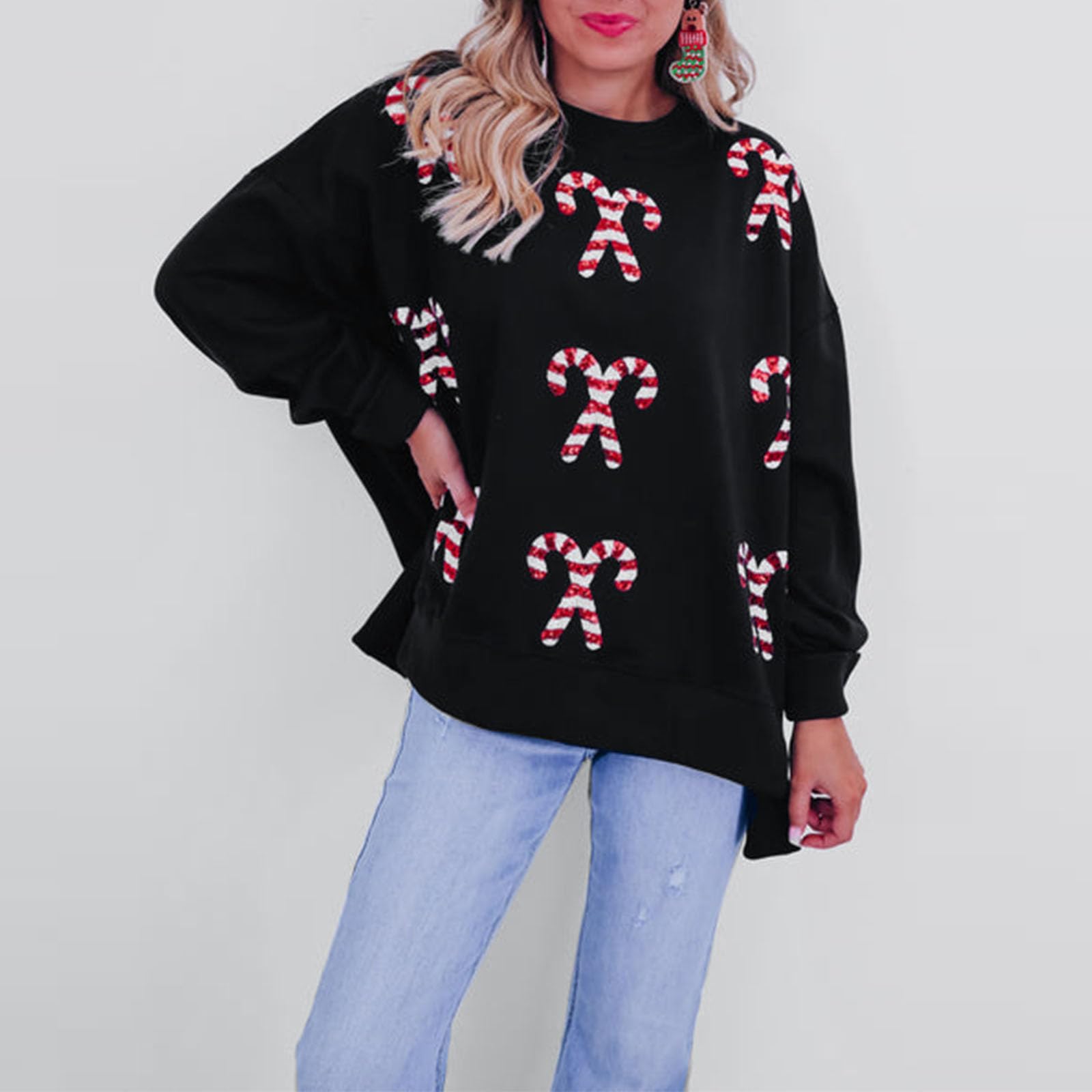 Candy Cane Sequin Crew Christmas Sweatshirt
