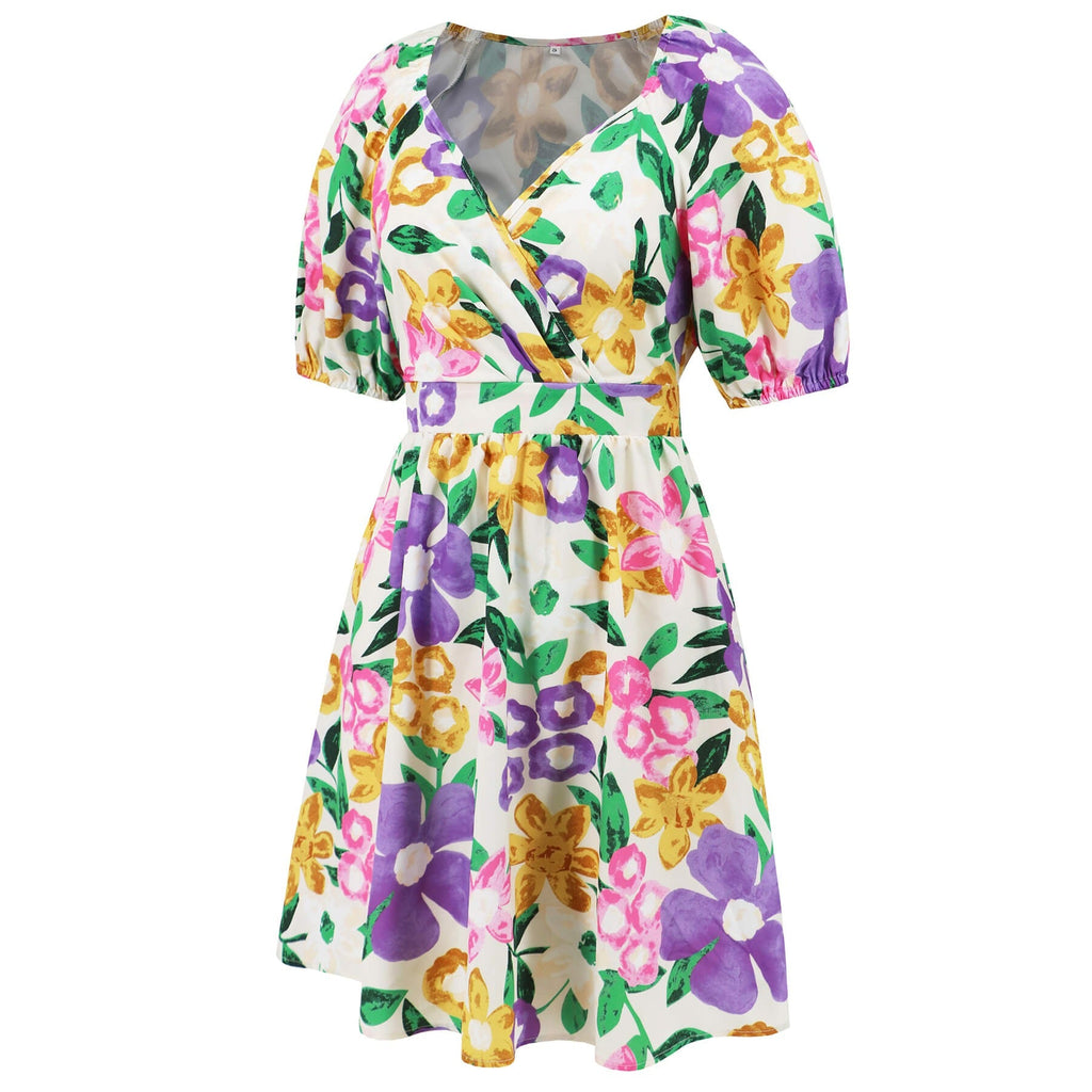 Floral Puff Sleeve Hollow Out Waist Mini Dress