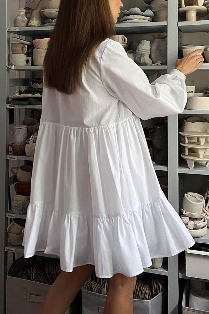 Vintage Long Sleeve Tiered Mini Shirt Dress