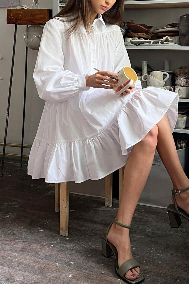 Vintage Long Sleeve Tiered Mini Shirt Dress