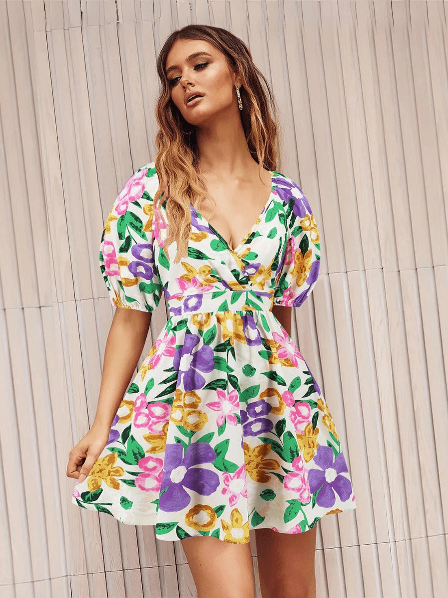 Floral Puff Sleeve Hollow Out Waist Mini Dress