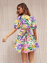 Load image into Gallery viewer, Floral Puff Sleeve Hollow Out Waist Mini Dress
