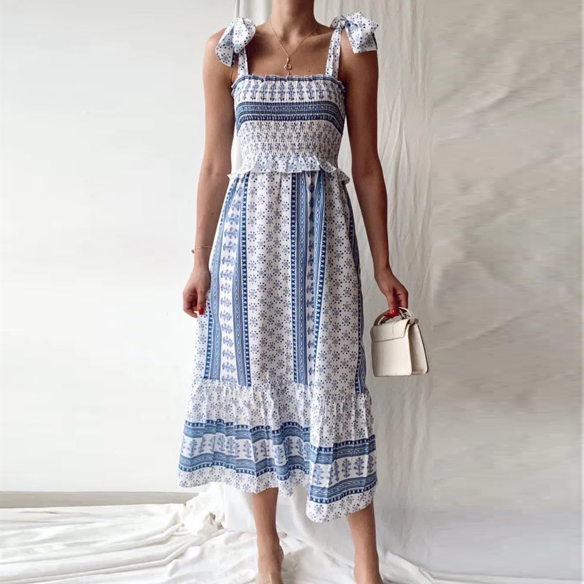 Blue Straps Printed Smocked Midi Dress