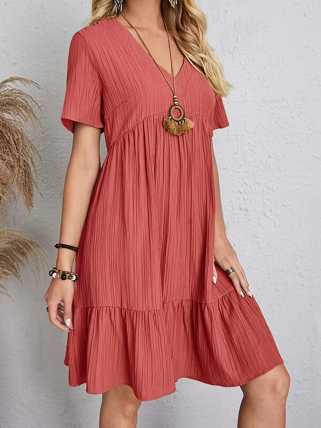 Elegant Casual Short Sleeve V-Neck Tiered Midi Dress