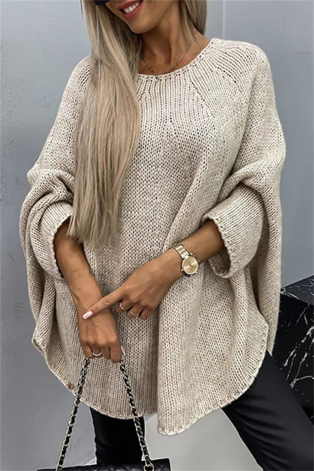Casual Knit Crew Neck Poncho Loose Sweater