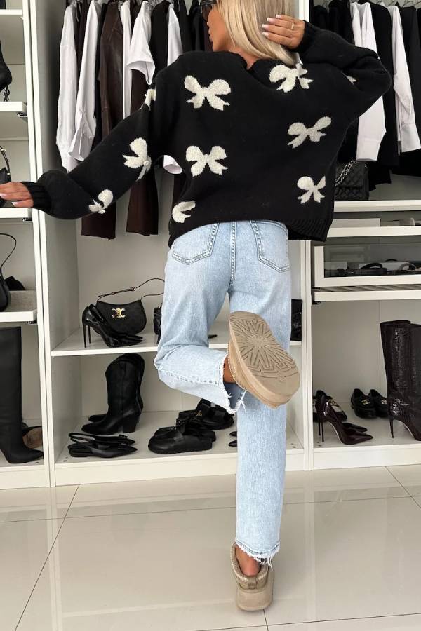 Bow Pattern Front Tie-up Long Sleeve Loose Cardigan