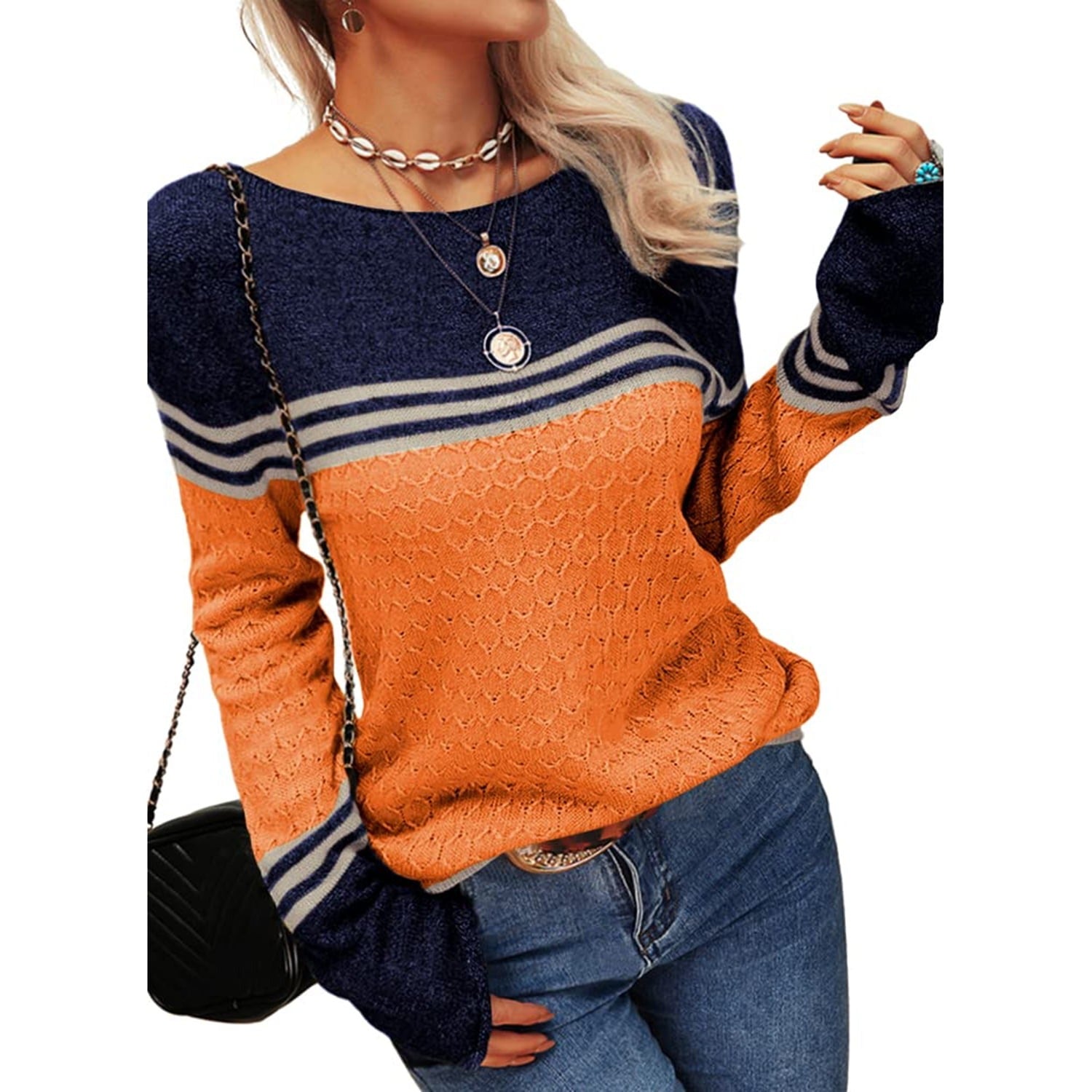 Colorblock Pullover Sweaters Round Neck Striped Slim Fitting Knitwear