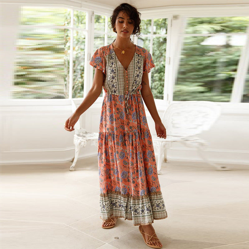 Pink Print Tiered Maxi Dress