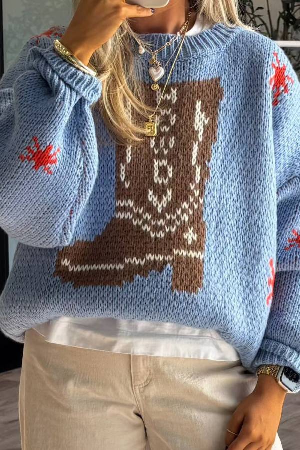 Christmas Boot Pattern Round Neck Dropped Shoulder Sweater