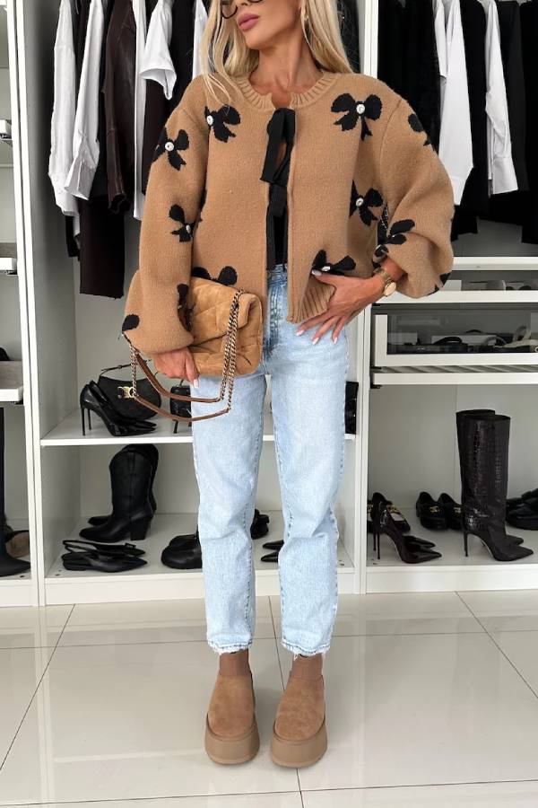 Bow Pattern Front Tie-up Long Sleeve Loose Cardigan