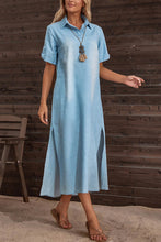 Load image into Gallery viewer, Collar Short Sleeves Slit Side Demin Midi Dress

