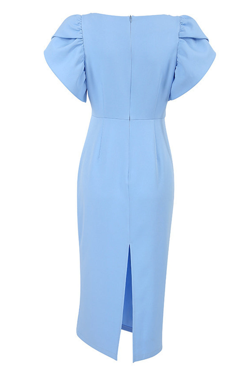 Elegant Blue Flounce Slit Back Midi Dress