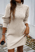 Load image into Gallery viewer, Beige Pearl Beaded High Neck Bodycon Sweater Dress
