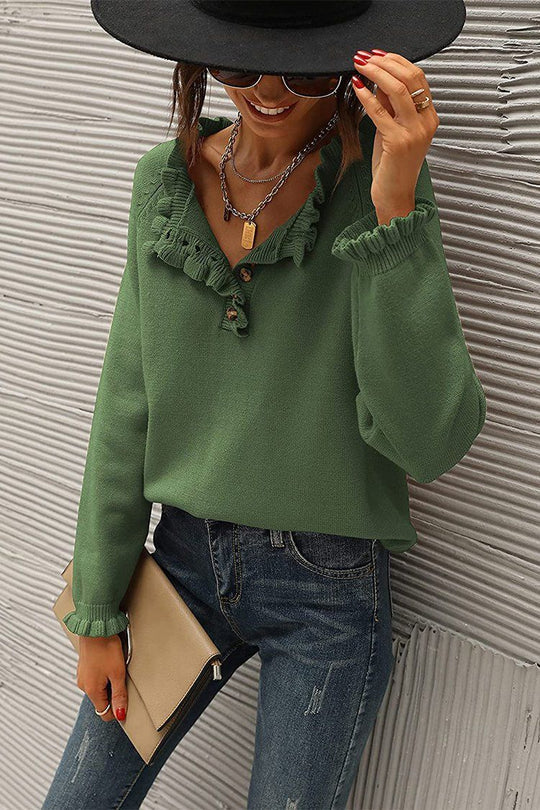 Chic Long Sleeve Button Down Ruffle Knit Pullover Sweater