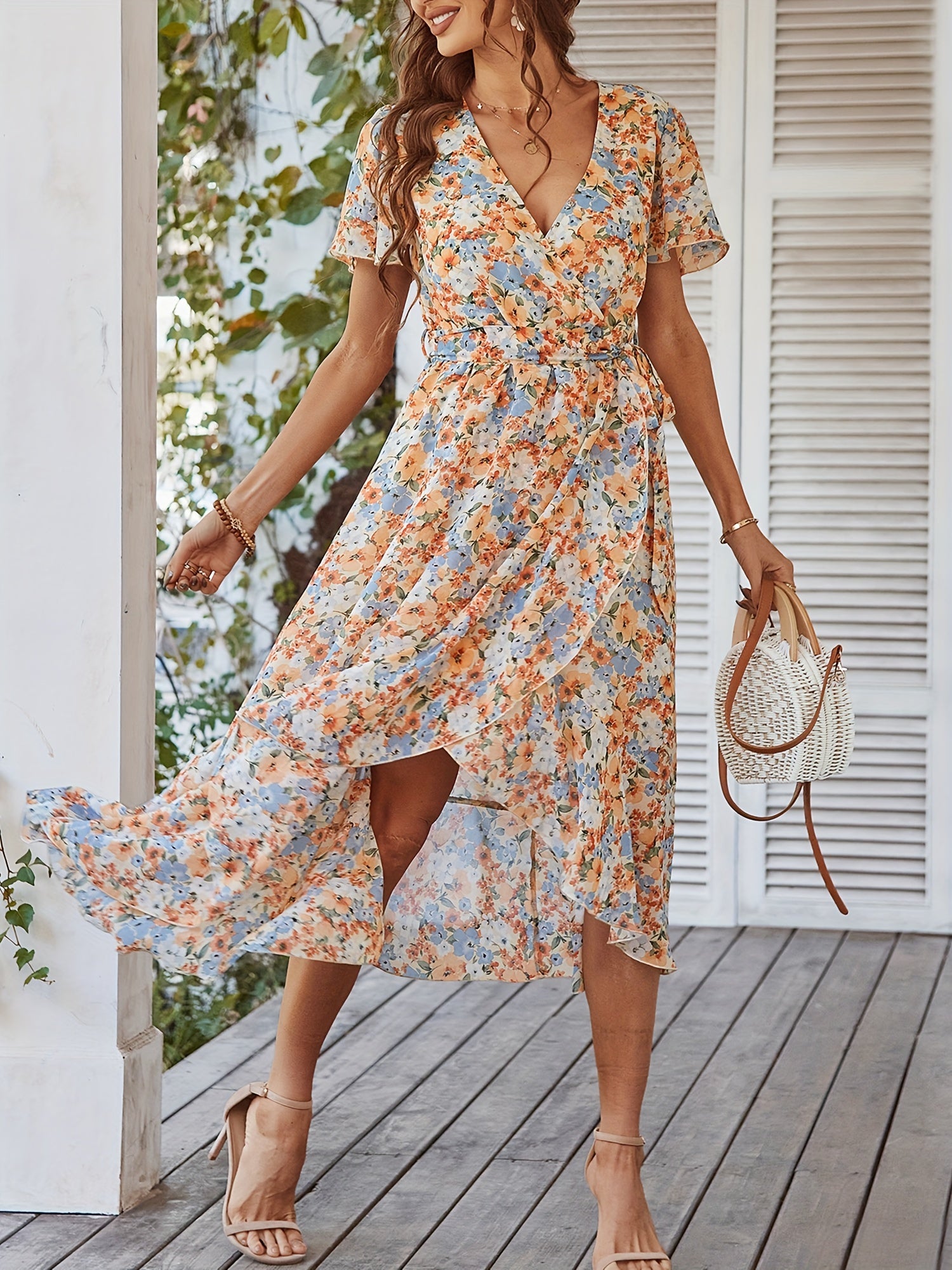 Floral V Neck Short Sleeve Ruffle Midi Dress