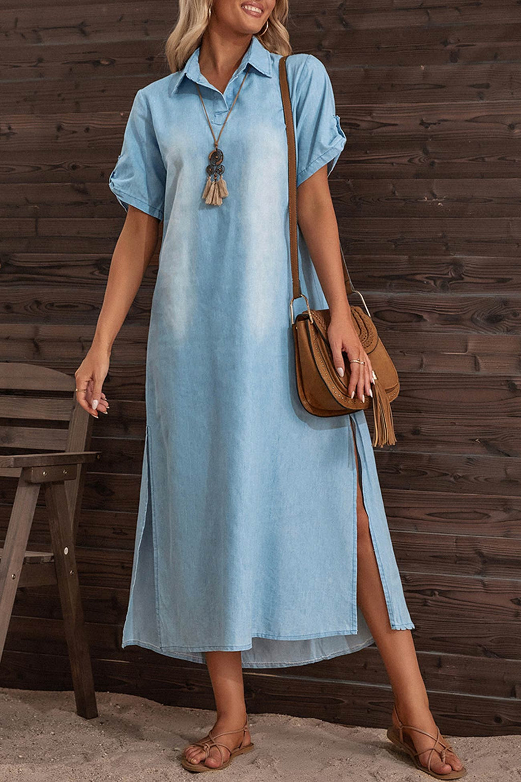 Collar Short Sleeves Slit Side Demin Midi Dress