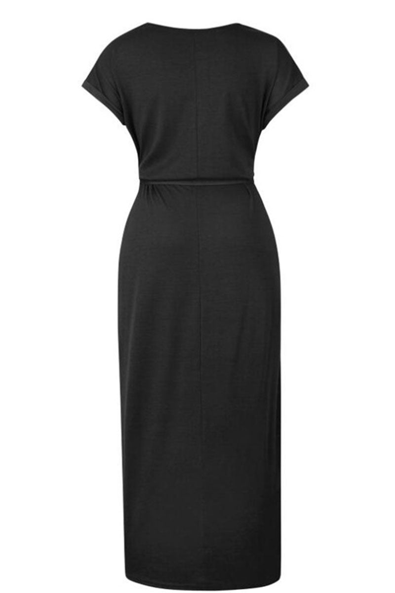Casual Round Neck Irregular Ruched Slit Front Midi Dress