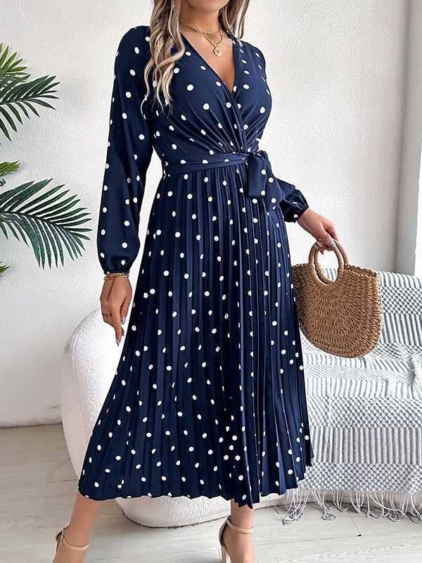 Classic V-neck Long Sleeves Polka Dots Print Midi Dress