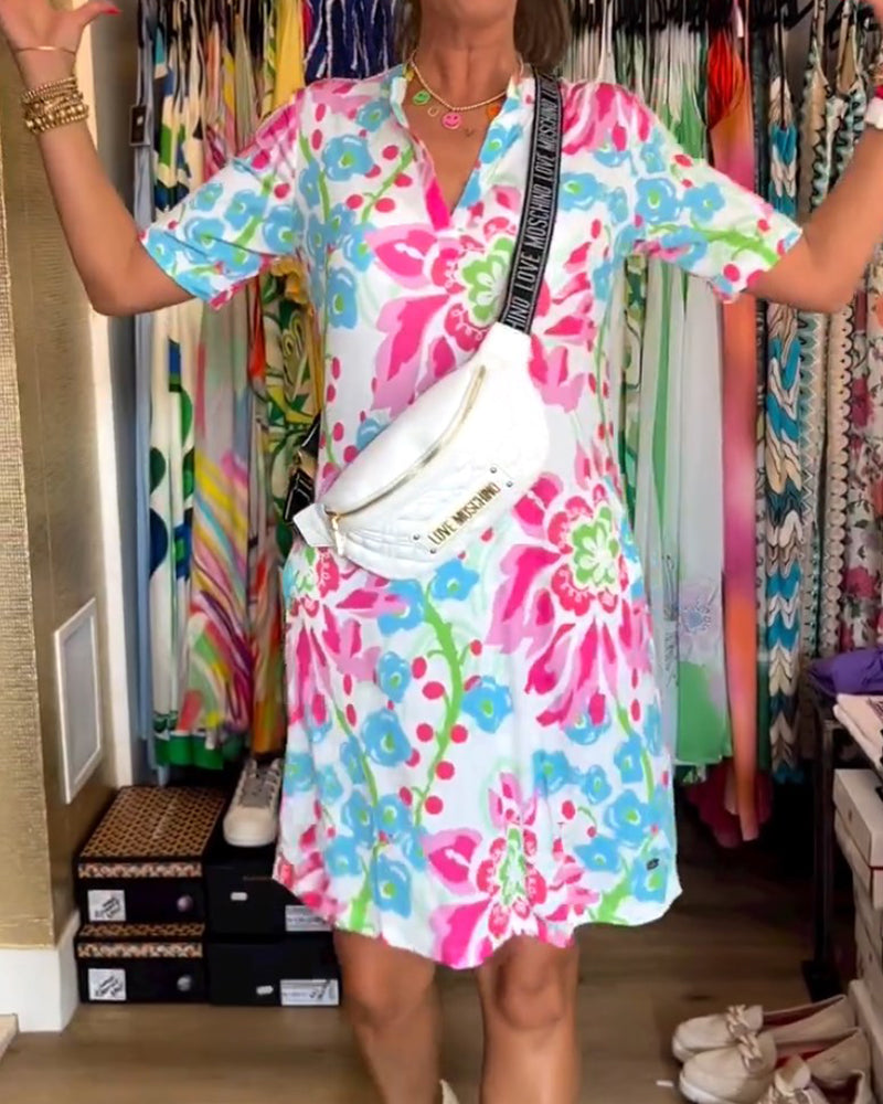 Floral Print Short Sleeve Mini Dress