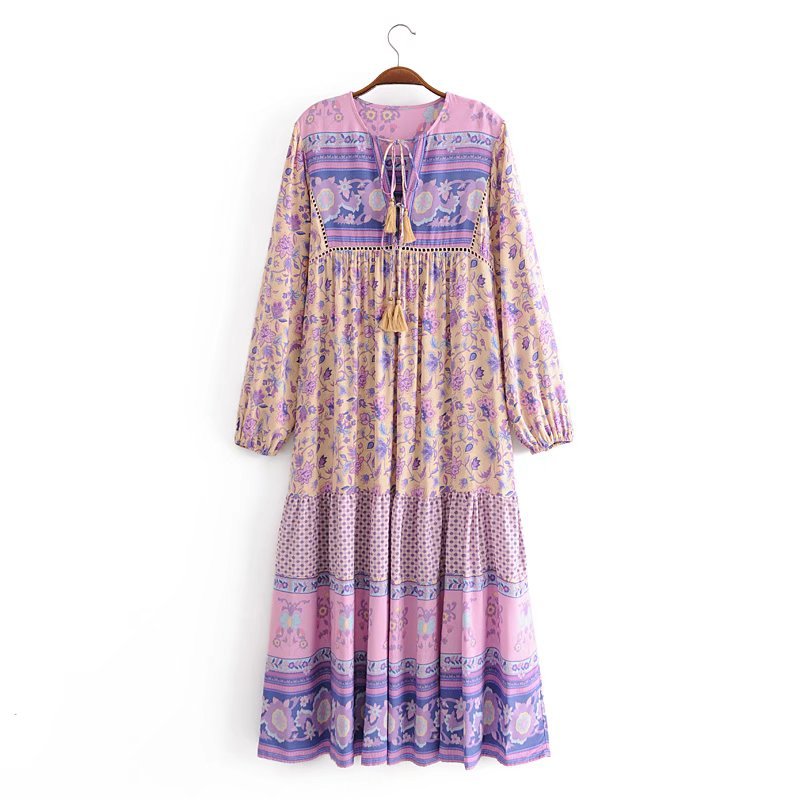 Boho Floral Print Long Sleeve Loose Maxi Dress