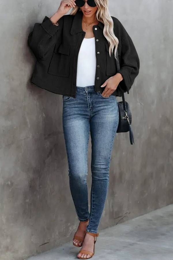 Classic Waffle Cardigan Short Top Jacket