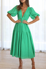 Load image into Gallery viewer, Sweet Elegant V Neck Puff Short Sleeves Tiered Midi Dress
