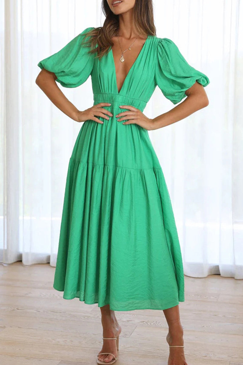 Sweet Elegant V Neck Puff Short Sleeves Tiered Midi Dress